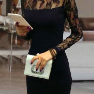 Lace Long Sleeve Crew Neck Casual Dress, Short, color:Black|size:5XL, Noracora
