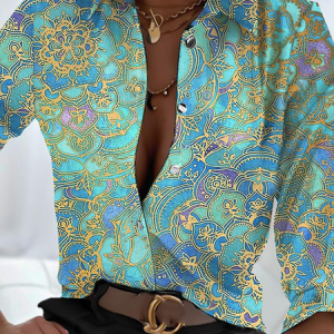 Ethnic Loose Casual Shirt, Shirts, color:Green|size:XXL, Noracora