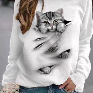 Animal Crew Neck Cotton-Blend Casual Hoodies & Sweatshirt, Hoodies & Sweatshirts, color:White|size:XXL, Noracora