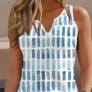 Casual Notched Geometric Printed Tank Top, Tanks & Camis, color:Blue|size:XXL, Noracora