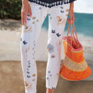 Floral Print Casual Cropped Legging, Leggings, color:White|size:XXL, Noracora