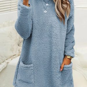 Plush Crew Neck Casual Thermal Dress, Hoodies & Sweatshirts, color:Blue|size:XXL, Noracora