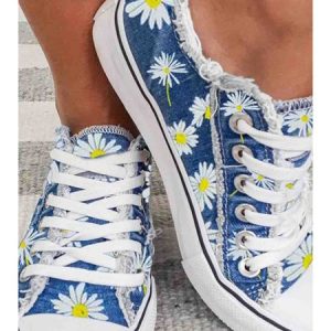 Daisy Graphic-Print Denim Lace-Up Canvas Flats, Sneakers&Athletic, color:As Picture|size:43, Noracora