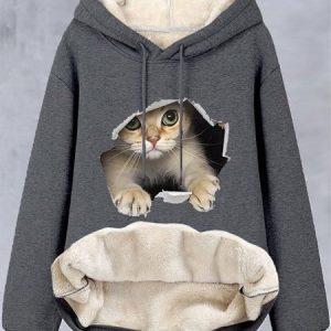 Casual Cat Fluff/Granular Fleece Fabric Loose Sweatshirt, Hoodies & Sweatshirts, color:Gray|size:XXL, Noracora