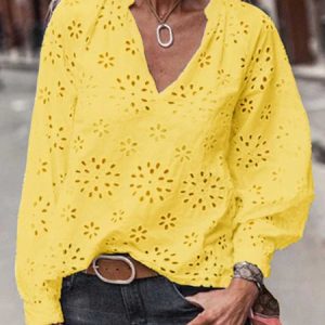 V Neck Patchwork Casual Tunic Top, Blouses, color:Yellow|size:3XL, Noracora
