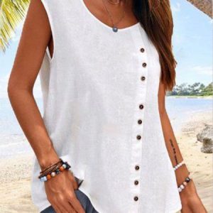 Women Crew Neck Casual Plain Sleeveless Buttoned Summer Daily Linen Tank Top, Tank Tops & Camis, Roselinlin - Online Catalog