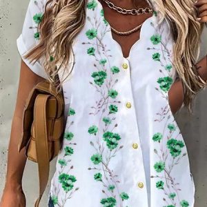 V Neck Casual Loose Floral Tunic Blouse, Shirts, color:Green|size:XXL, Noracora