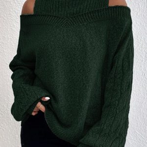 Casual Loose Tunic Sweater Knit Jumper, Sweaters, color:Green|size:XS, Noracora