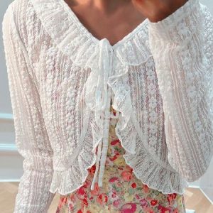 Plain Lace Jacquard Long Sleeve Lace-Up Casual Kimono, Kimono, color:White|size:XXL, Noracora