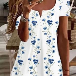 Notched Buckle Casual Floral Shirt, Blouses, color:White|size:XXL, Noracora