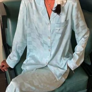 Plaid Long Sleeve Lapel Collar Casual Top With Pants Lounge Set, Pajamas, color:Blue|size:4XL, Noracora