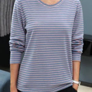 Casual Striped Long Sleeve Crew Neck T-Shirt, T-shirts, color:Blue|size:5XL, Noracora