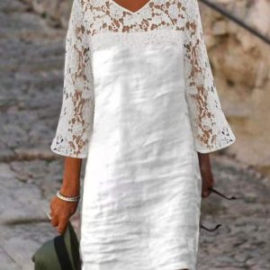 Casual Lace Plain V Neck Dress, Short, color:White|size:XXL, Noracora