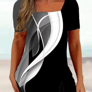 Casual Loose Printing Abstract Shirt, Blouses, color:Black-white|size:XXL, Noracora