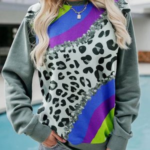 Leopard Casual Crew Neck Loose Sweatshirt, Hoodies & Sweatshirts, color:Gray|size:3XL, Noracora