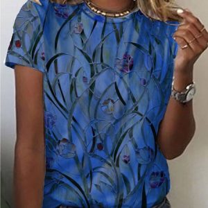 Crew Neck Short Sleeve Casual T-shirt, T-shirts, color:Blue|size:3XL, Noracora