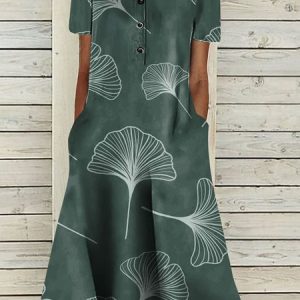 Notched Buckle Loose Casual Dress, Maxi, color:Green|size:XXL, Noracora