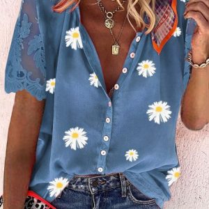 Vacation Floral Blouse, Shirts, color:Blue|size:XXL, catalog Noracora shop