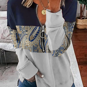 Color Block Ethnic V Neck Tunic Sweatshirt, Hoodies & Sweatshirts, color:Gray|size:XXL, Noracora