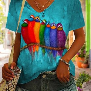 V Neck Animal Print Short Sleeve T-Shirt, T-shirts, color:Cyan|size:XXL, Noracora