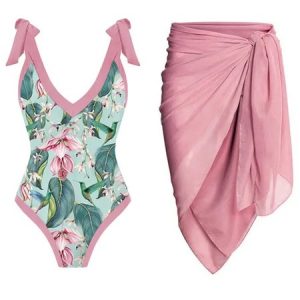 Tropical V Neck Printing Vacation One Piece With Cover Up, Swimsuit with Cover Ups, color:Pink|size:XXL, Noracora