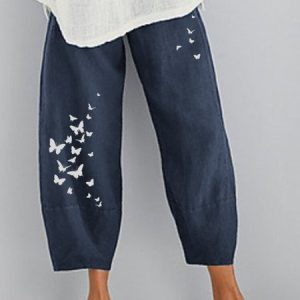 Cotton-Blend Printed Casual Pants, Pants, color:Navy Blue|size:XL, Noracora