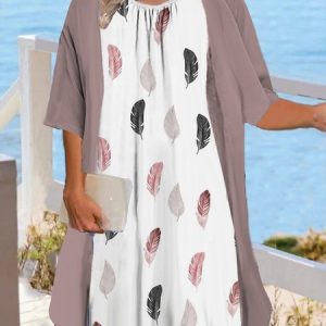 Crew Neck Casual Floral Pattern Two-Piece Set, SET, color:White|size:4X, Noracora