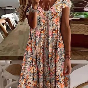 Floral Printed Boho V Neck Short Sleeve Knit Casual Vacation Dress, Short, color:flower|size:XXL, catalog Noracora shop