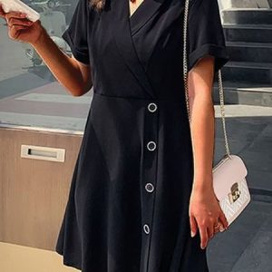 Regular Fit V Neck Plain Dress, Short, color:Black|size:4X, Noracora