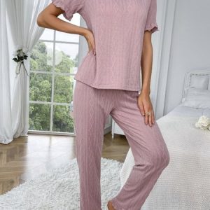 Casual Crew Neck Loose Plain Lounge Set, Pajamas, color:Pink|size:XL, Noracora