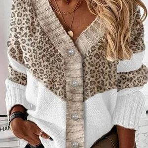 Leopard Cotton-Blend Loose V Neck Sweater, Cardigans, color:Leopard|size:XXL, Noracora
