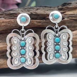 Cross-border best-selling new inlaid turquoise literary retro style big butterfly earrings Bohemian style earrings, Earring, color:Green, Noracora