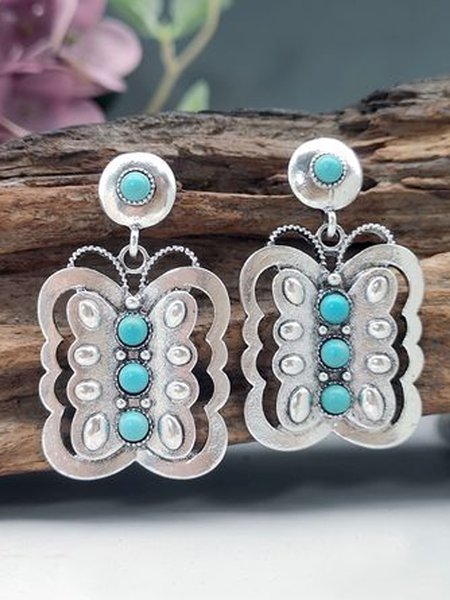 Cross-border best-selling new inlaid turquoise literary retro style big butterfly earrings Bohemian style earrings, Earring, color:Green, Noracora