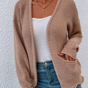 Casual V Neck Knitted Cardigan, Cardigans, color:Khaki|size:L, Noracora