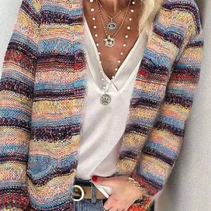 Casual Long Sleeve Striped Sweater coat, Cardigans, color:Multicolor|size:3XL, Noracora