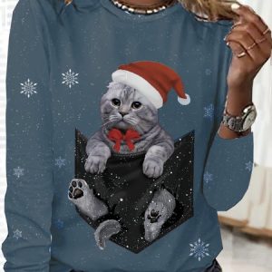 Loose Crew Neck Casual Christmas T-Shirt, T-shirts, color:Blue|size:XXL, Noracora