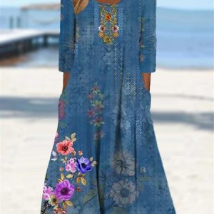 Casual Nationality/Ethnic Crew Neck Loose Dress, Midi, color:Blue|size:XXL, Noracora