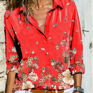Gray Shawl Collar Long Sleeve Printed Blouse, Shirts, color:Red|size:XXL, Noracora