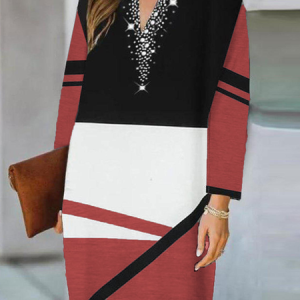 Casual Color Block V Neck Regular Fit Dress, Midi, color:Wine Red|size:5XL, Noracora