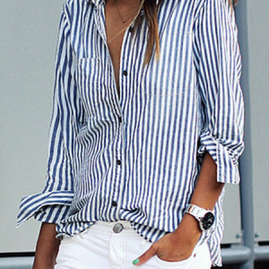 Shift Casual Striped Long Sleeve Blouse&shirt, Shirts, color:Blue|size:US 10, Noracora
