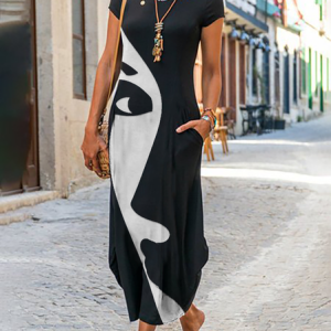 Vintage Boho Holiday Hippie Abstract Casual Knitting Pockets Dress, Maxi, color:Black|size:XXL, Noracora