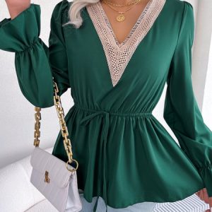 Regular Fit V Neck Elegant Shirt, Blouses, color:Green|size:XL, Noracora