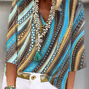 Casual Abstract V Neck Shirt, Blouses, color:Blue|size:XXL, Noracora