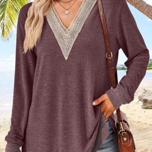 Loose Casual V Neck Jersey Shirt, Blouses, color:Fuchsia|size:XXL, Noracora