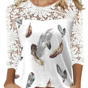 Floral Lace Crew Neck Casual Shirt, Blouses, color:Off White|size:3XL, Noracora