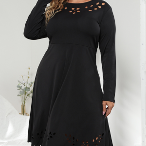 Hollow Out Plain Casual Dress, DRESSES, color:Black|size:4X, Noracora