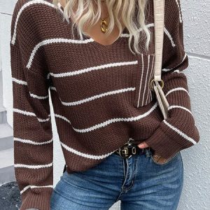 Striped V Neck Wool/Knitting Casual Loose Sweater, Sweaters, color:Coffee|size:L, Noracora