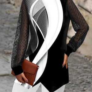 Color Block Casual Blouse, Blouses, color:Multicolor|size:XXL, Noracora