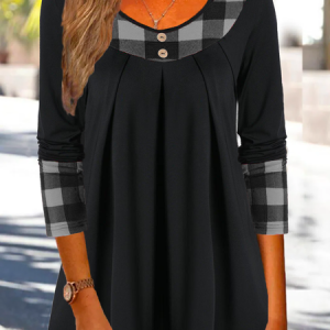Casual Christmas Plaid Autumn Micro-Elasticity Daily Jersey Standard Crew Neck H-Line Tunic Top for Women, Tops, color:Gray|size:XXL, Noracora