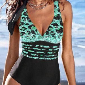 Leopard Printing Vacation V Neck One-Piece, One-pieces, color:Lake Blue|size:XXL, Noracora